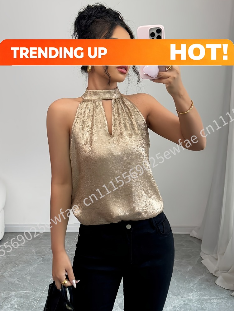 Off Shoulder Blouse - Chemisier Femme Doré Brillant Col Halter