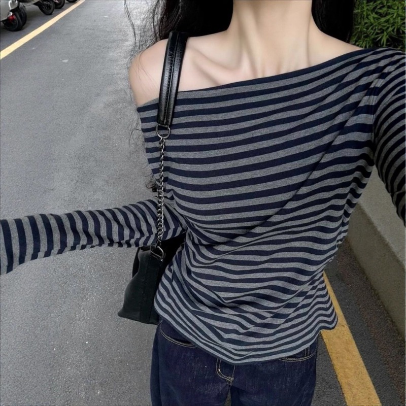 Off Shoulder Blouse - Haut décontracté vintage rayé à épaules